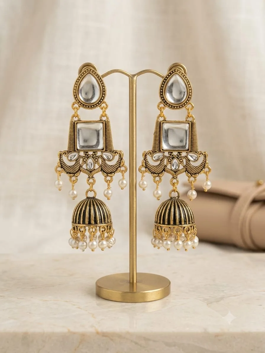 Antique Gold Plated Peacock Motif Kundan & Pearl Drop Jhumka Brass Jhumki Earring, Drops & Danglers photo 1