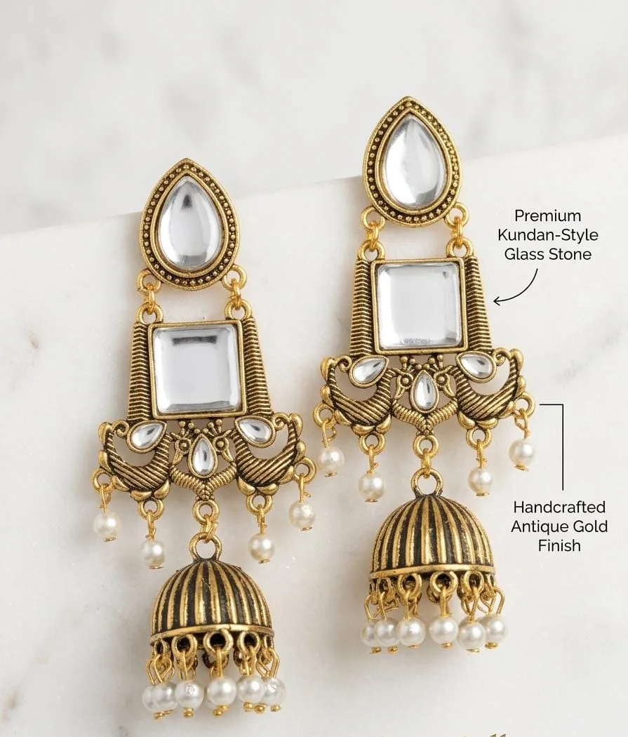 Antique Gold Plated Peacock Motif Kundan & Pearl Drop Jhumka Brass Jhumki Earring, Drops & Danglers photo 2