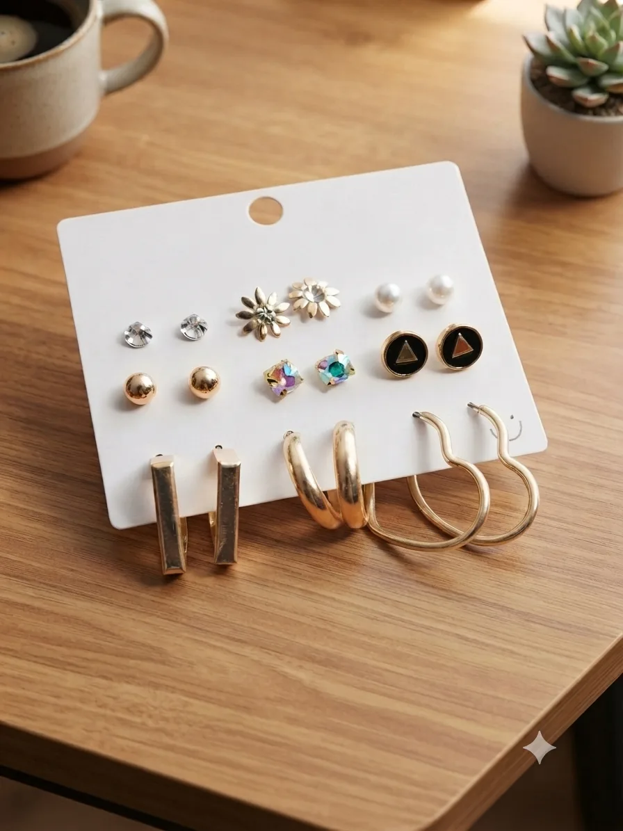 9 Pairs Combo of Gold Plated Studs and Hoop Earrings Set Crystal Alloy Hoop Earring photo 1