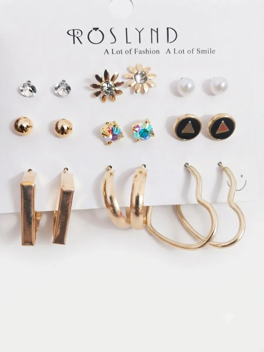 9 Pairs Combo of Gold Plated Studs and Hoop Earrings Set Crystal Alloy Hoop Earring photo 2