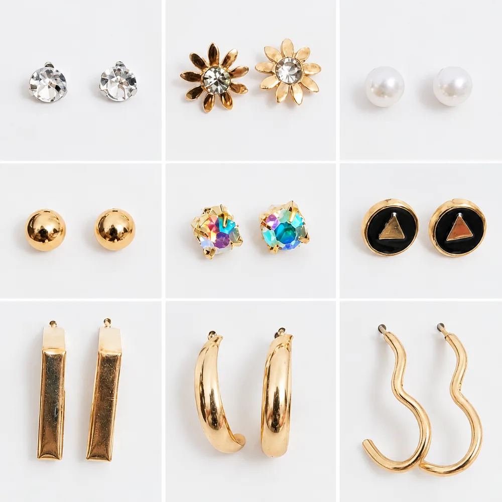 9 Pairs Combo of Gold Plated Studs and Hoop Earrings Set Crystal Alloy Hoop Earring photo 3