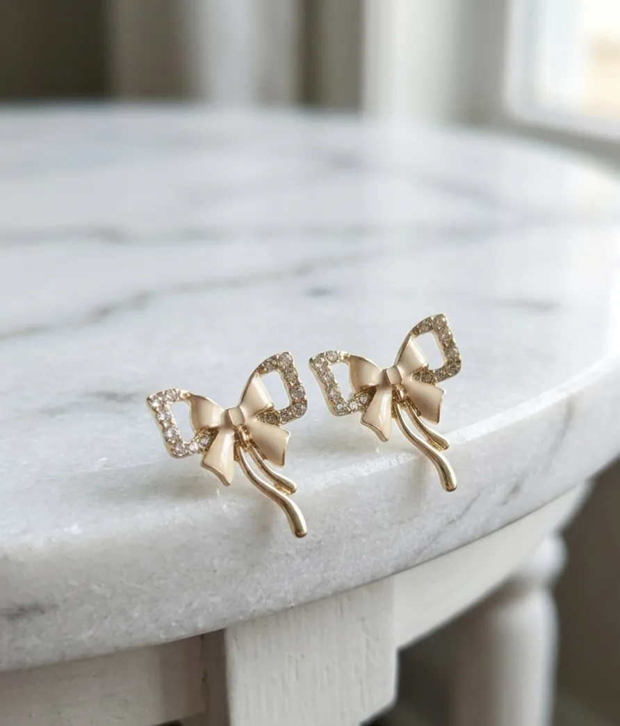 Korean Ribbon Bow Pastel Enamel Crystal Stud Earrings Crystal Alloy Stud Earring on Flipkart photo 2