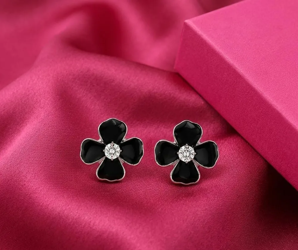 Matte Enamel 4 Petal Flower black Stud Earrings Alloy Stud Earring on Flipkart photo 1