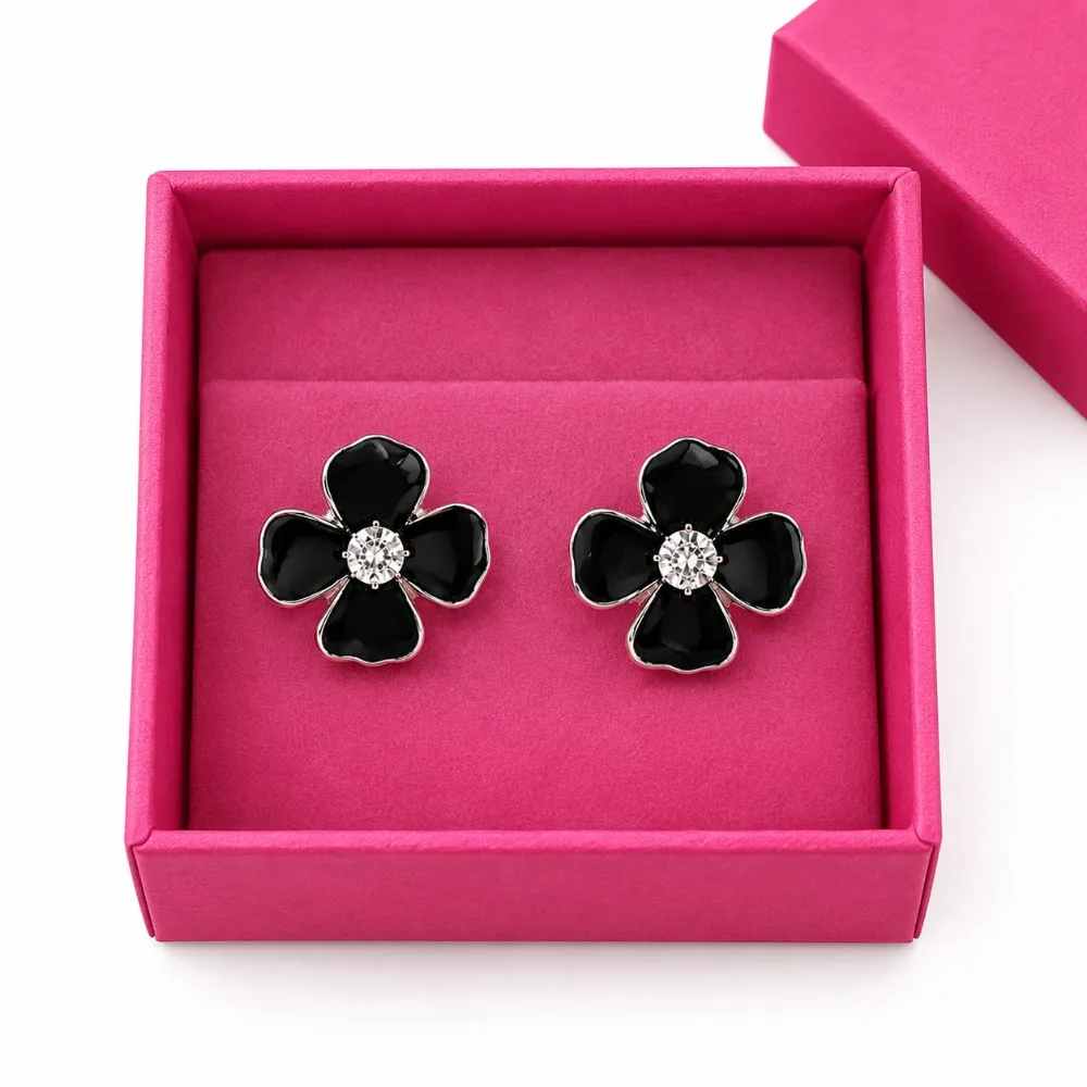 Matte Enamel 4 Petal Flower black Stud Earrings Alloy Stud Earring on Flipkart photo 2