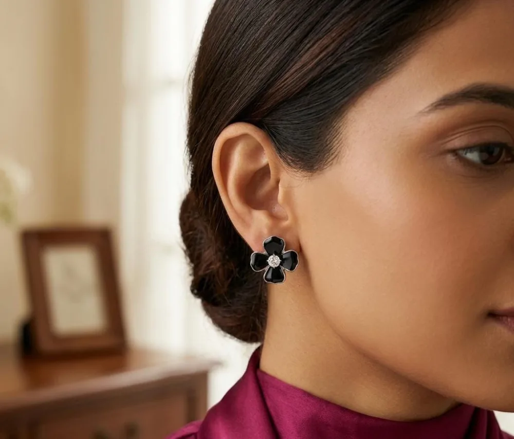 Matte Enamel 4 Petal Flower black Stud Earrings Alloy Stud Earring on Flipkart photo 3