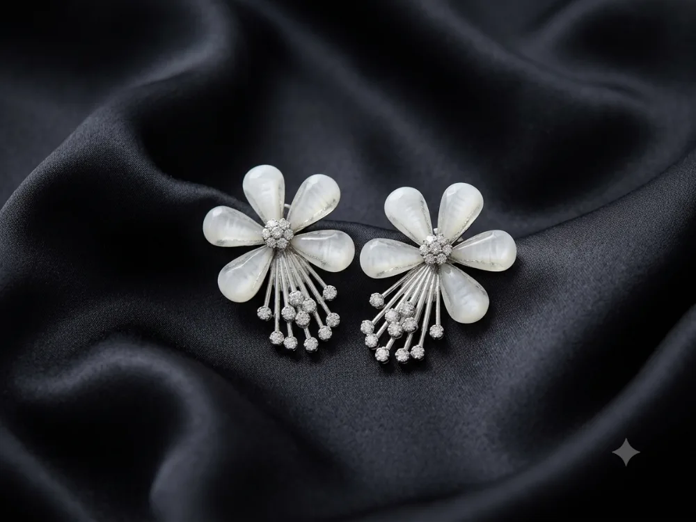 Floral Petal Crystal Cluster Statement Stud Earrings Cubic Zirconia Alloy Stud white Earring on Flipkart photo 1