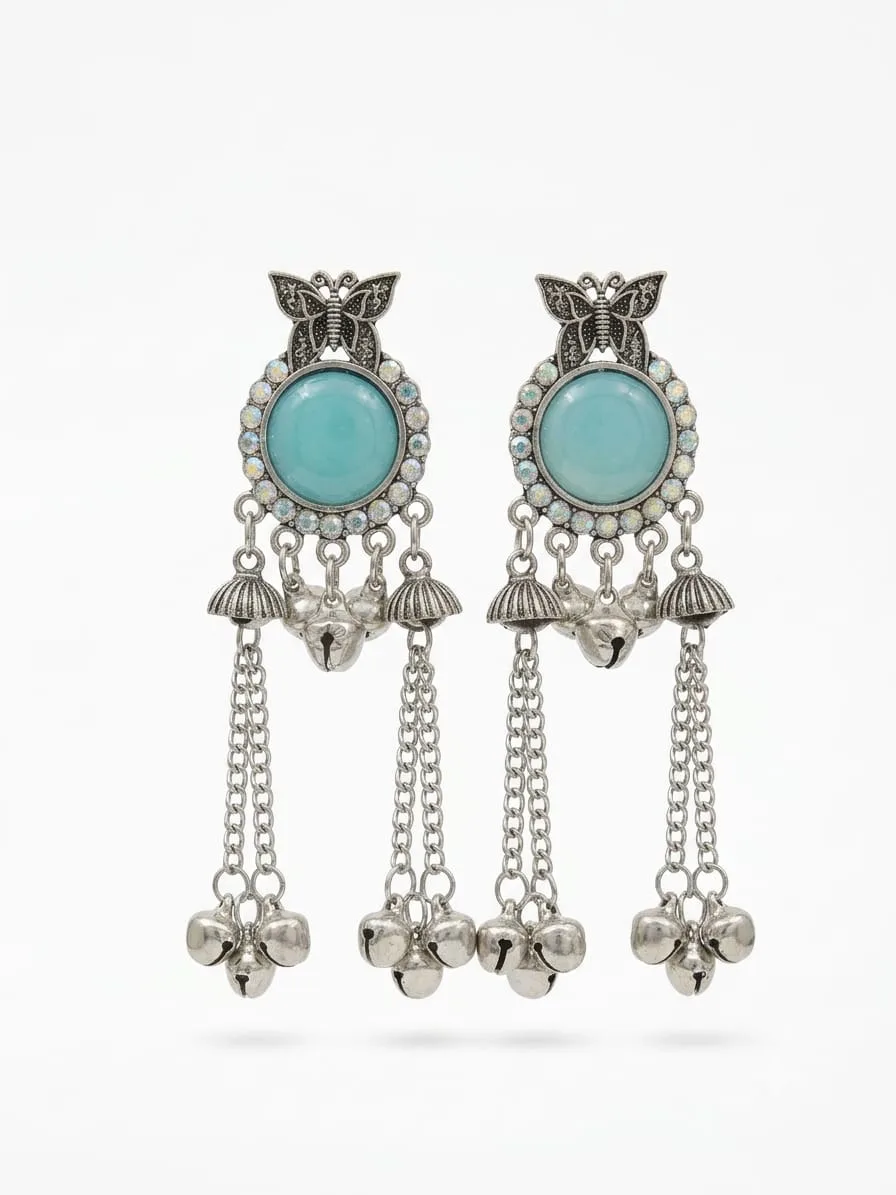 Bohemian Butterfly Ghungroo Tassel Drop Earrings Alloy Drops & Danglers, Jhumki Earring(Turquoise) photo 1
