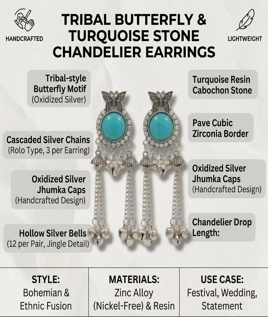 Bohemian Butterfly Ghungroo Tassel Drop Earrings Alloy Drops & Danglers, Jhumki Earring(Turquoise) photo 3