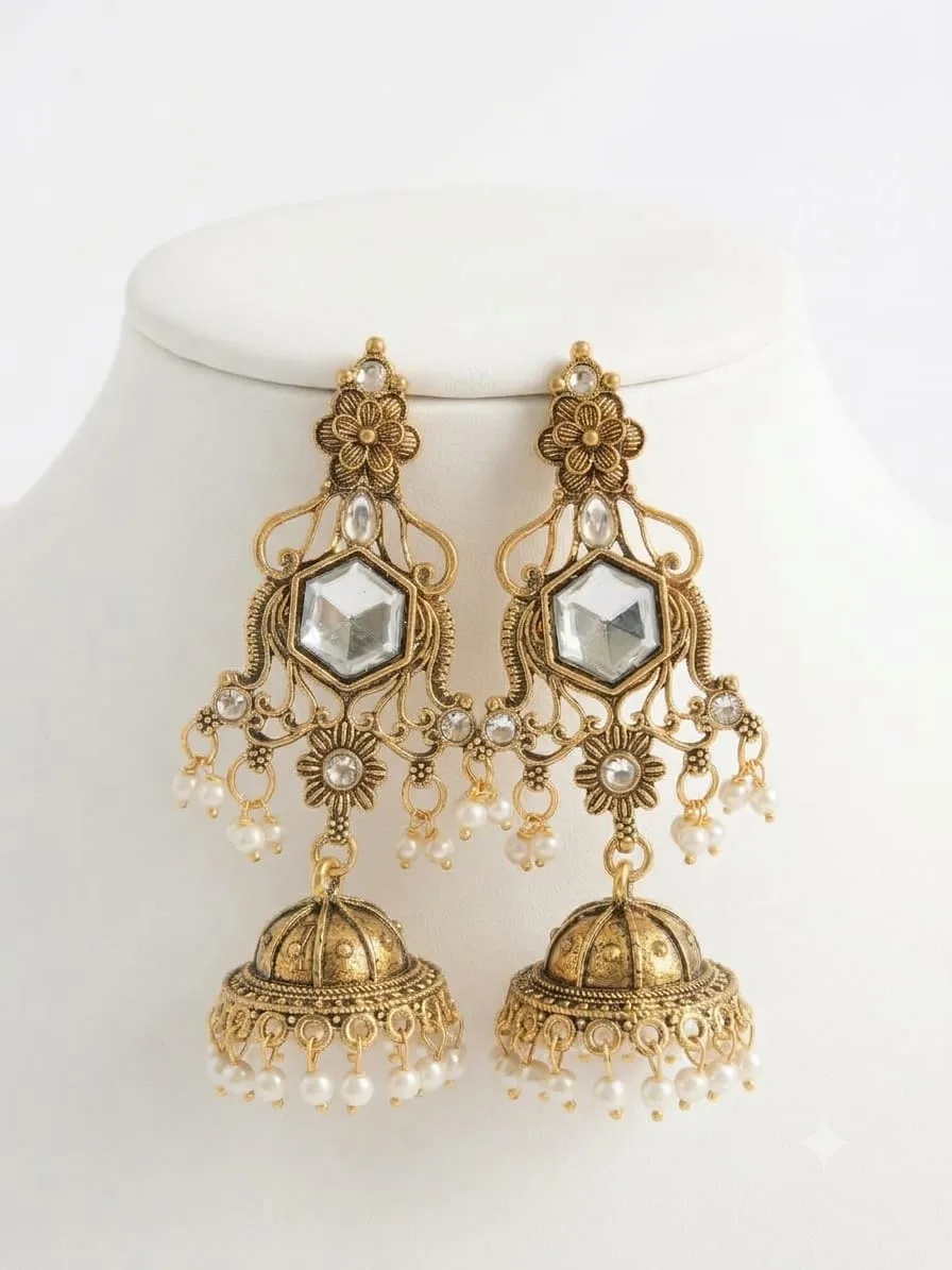 Heritage Antique Gold Filigree Kundan Jhumka with Pearls Brass Jhumki Earring, Drops & Danglers on Flipkart photo 2