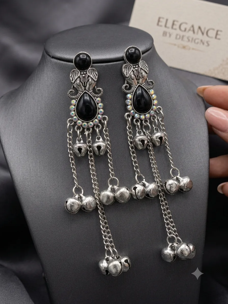 Traditional Elephant Motif Long Chain Ghungroo Earrings Alloy Drops & Danglers on Flipkart photo 1