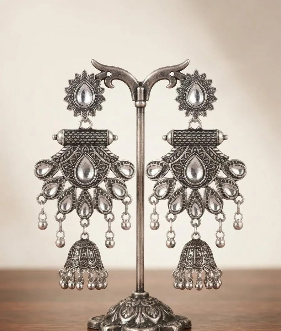 Oxidised Silver Mirror Work Tribal Chandbali Jhumka Earrings Alloy Jhumki Earring photo 1