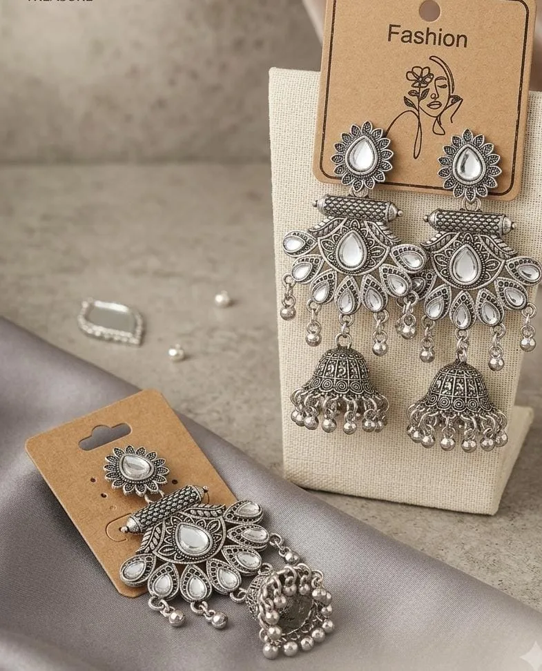 Oxidised Silver Mirror Work Tribal Chandbali Jhumka Earrings Alloy Jhumki Earring photo 2
