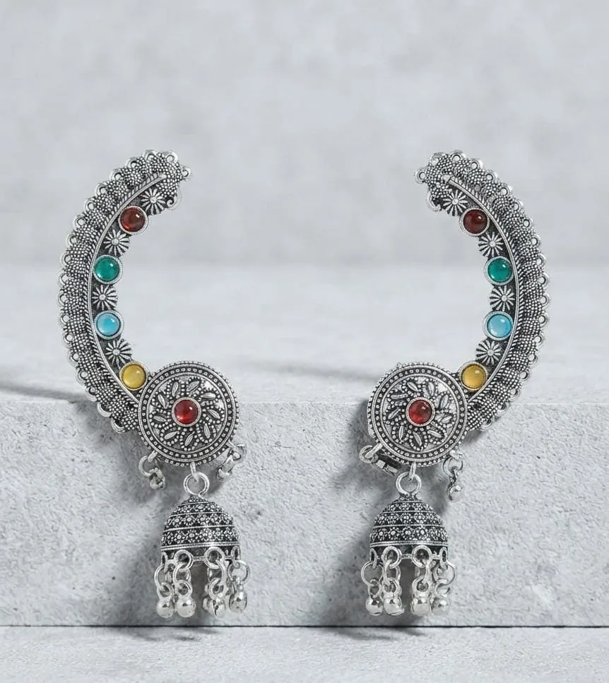 Tribal Crescent Moon Oxidised Ear Climber Cuff with Jhumka Alloy Cuff Earring photo 1