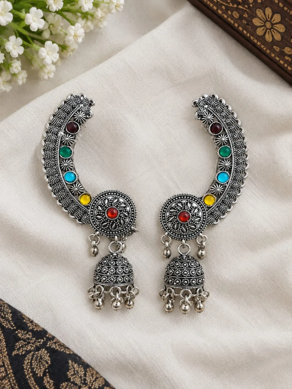 Tribal Crescent Moon Oxidised Ear Climber Cuff with Jhumka Alloy Cuff Earring photo 2