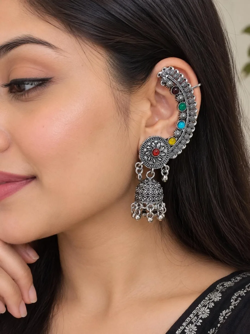 Tribal Crescent Moon Oxidised Ear Climber Cuff with Jhumka Alloy Cuff Earring photo 3