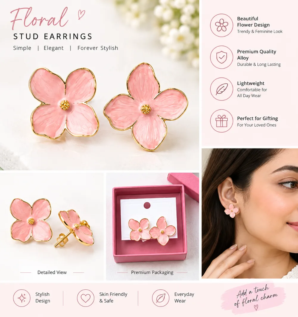 Matte Enamel 4 Petal Flower Stud Earrings Alloy Stud Earring on Flipkart photo 3