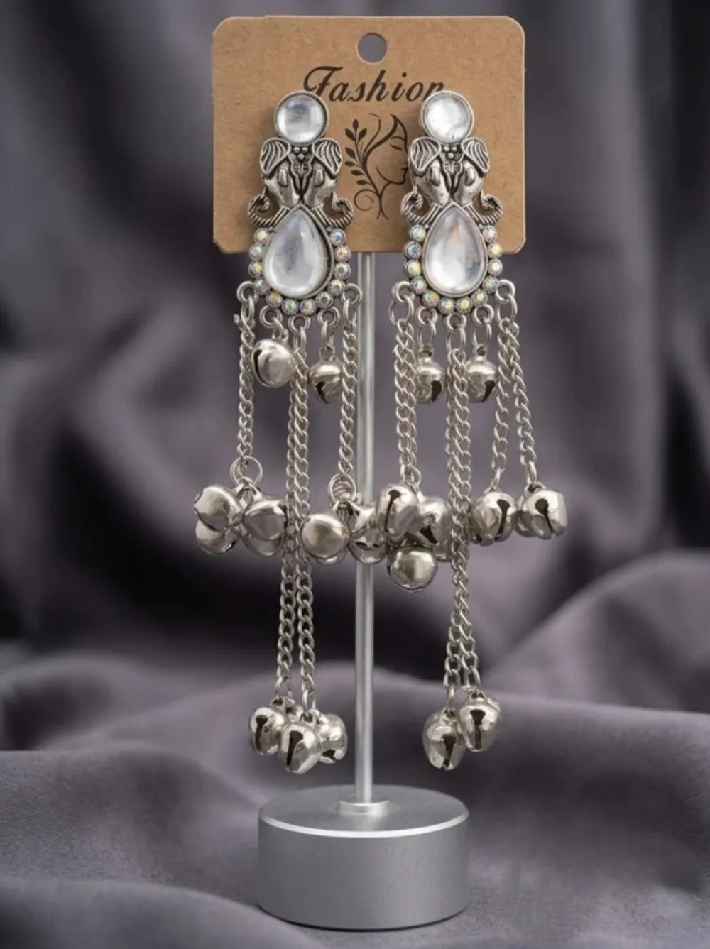 Traditional Elephant Motif Long Chain white stone Ghungroo Earrings Alloy Drops & Danglers on Flipkart photo 1