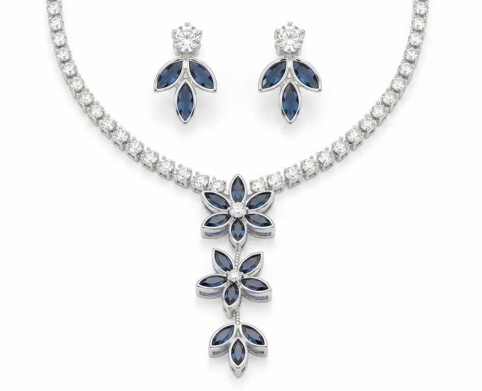 Blue Crystal Marquise Floral Tennis Nacklace photo 3