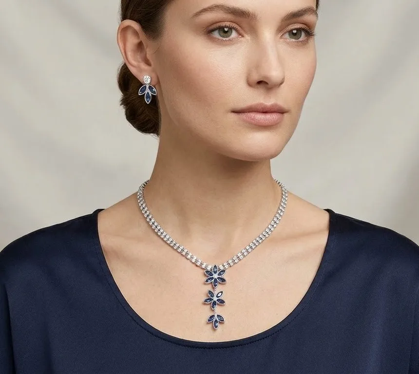 Blue Crystal Marquise Floral Tennis Nacklace photo 4