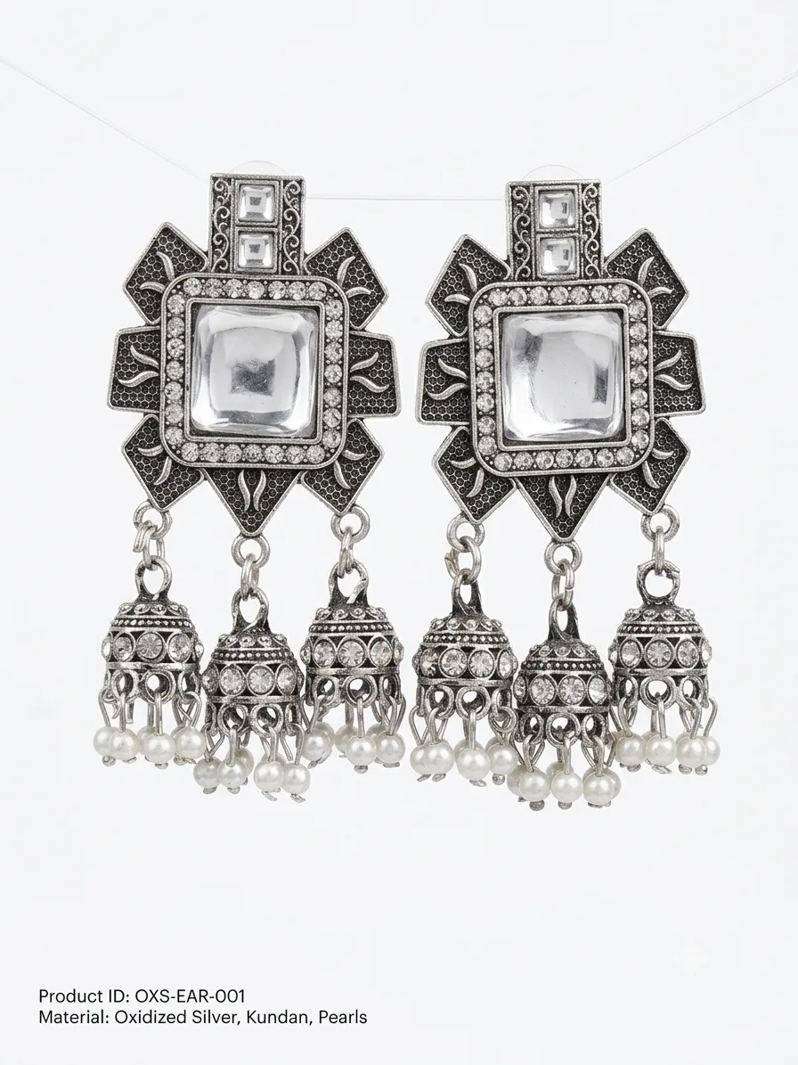 Black Silver Oxidised Geometric Square Kundan 3-Jhumki Earrings Alloy Jhumki Earring, Drops & Danglers on Flipkart photo 1