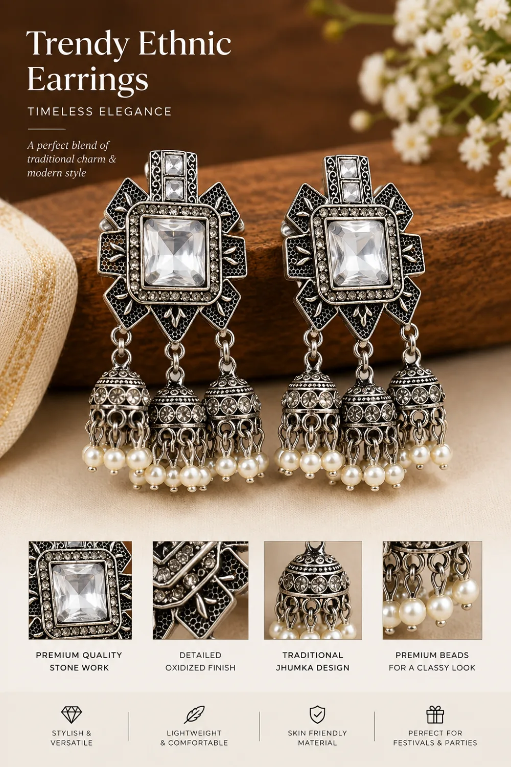 Black Silver Oxidised Geometric Square Kundan 3-Jhumki Earrings Alloy Jhumki Earring, Drops & Danglers on Flipkart photo 2