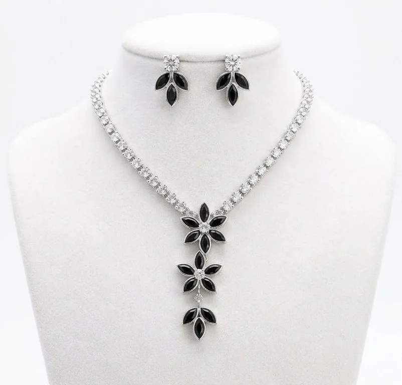 Black Crystal Marquise Floral Tennis Nacklace photo 1