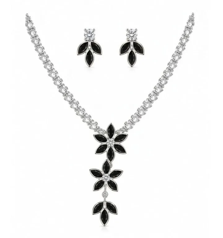 Black Crystal Marquise Floral Tennis Nacklace photo 2