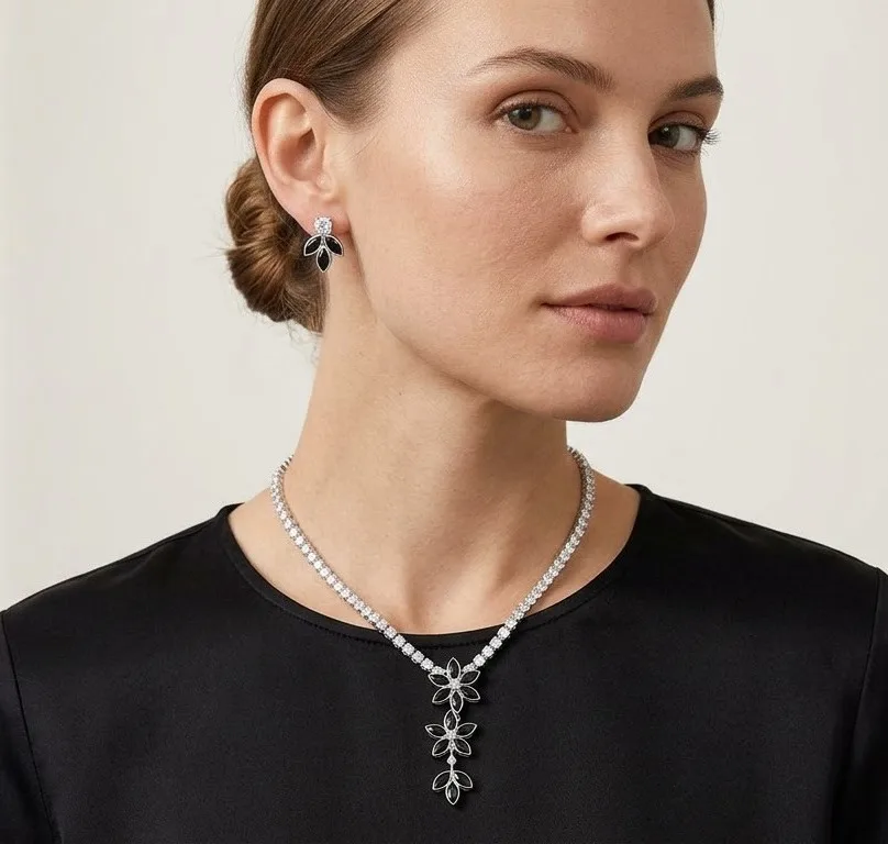 Black Crystal Marquise Floral Tennis Nacklace photo 3