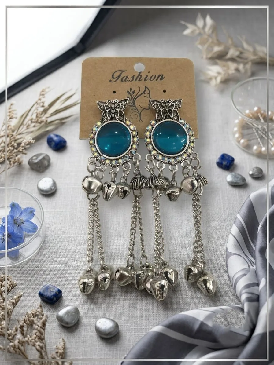 Bohemian Butterfly Ghungroo Tassel Drop Earrings Alloy Drops & Danglers, Jhumki Earring(Blue) photo 1