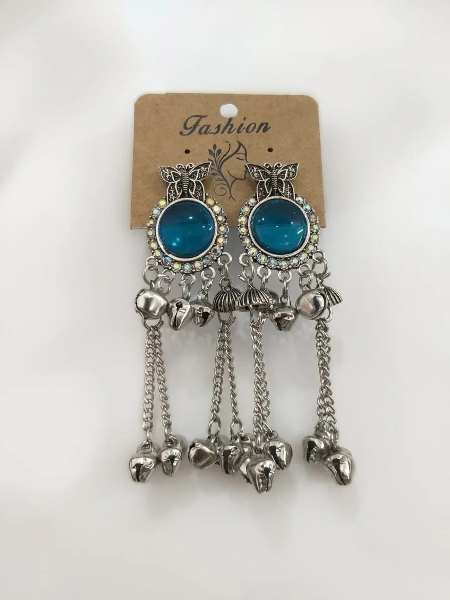 Bohemian Butterfly Ghungroo Tassel Drop Earrings Alloy Drops & Danglers, Jhumki Earring(Blue) photo 2