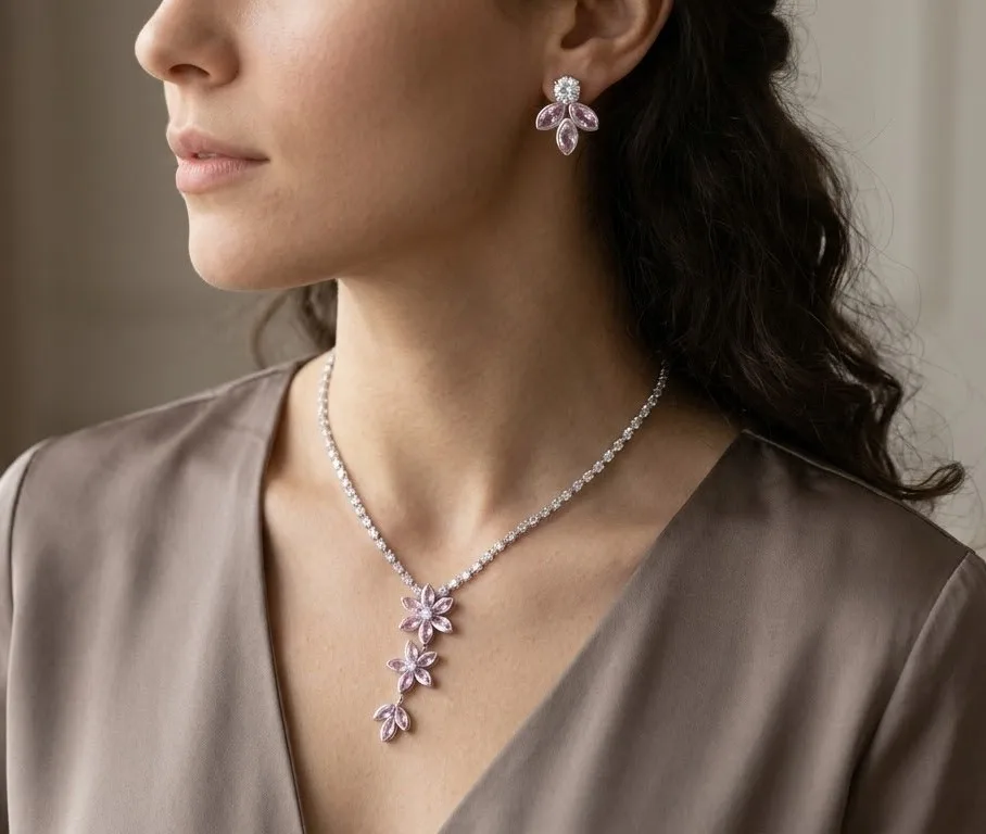 Pink Crystal Marquise Floral Tennis Nacklace photo 1