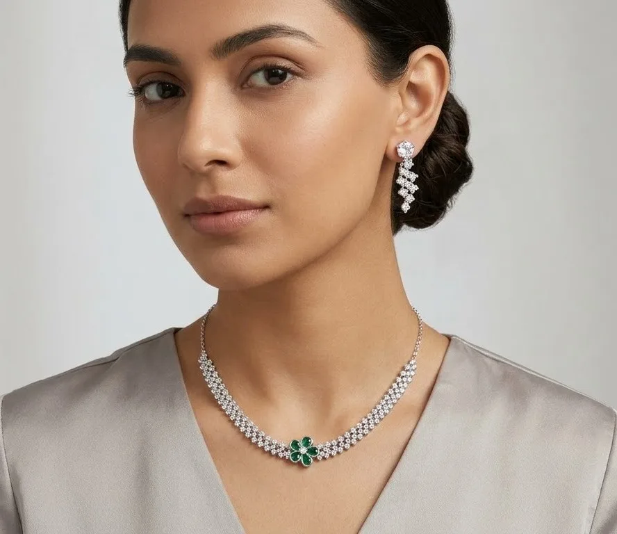 Silver Plated Crystal Floral Tennis Necklace and Drop Earrings photo 1