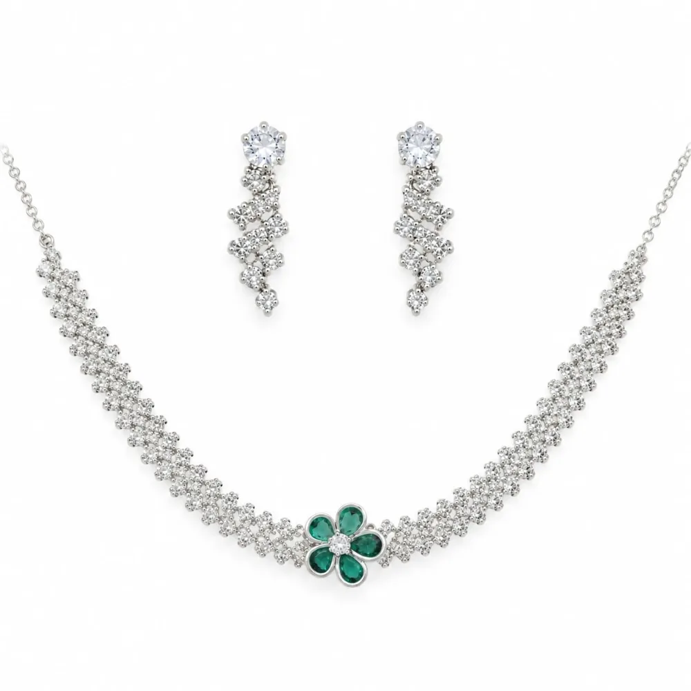Silver Plated Crystal Floral Tennis Necklace and Drop Earrings photo 4