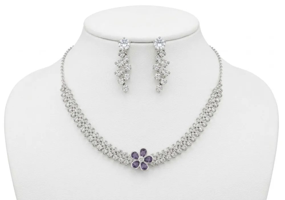 Silver Plated Crystal Floral Tennis Necklace And Drop Earrings(Purple Colour) photo 1