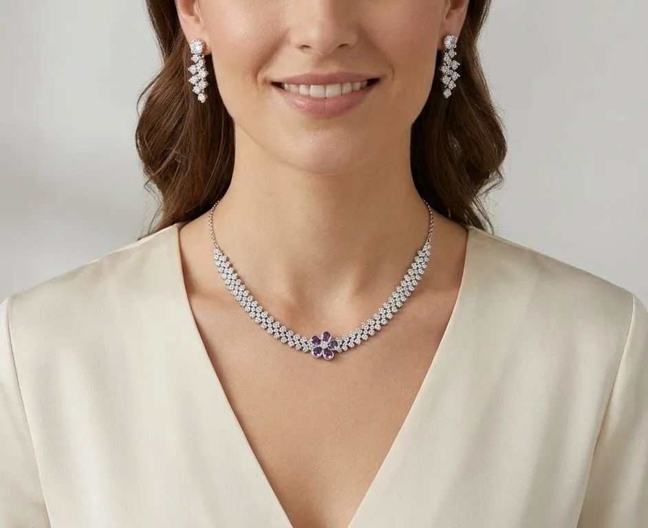 Silver Plated Crystal Floral Tennis Necklace And Drop Earrings(Purple Colour) photo 2