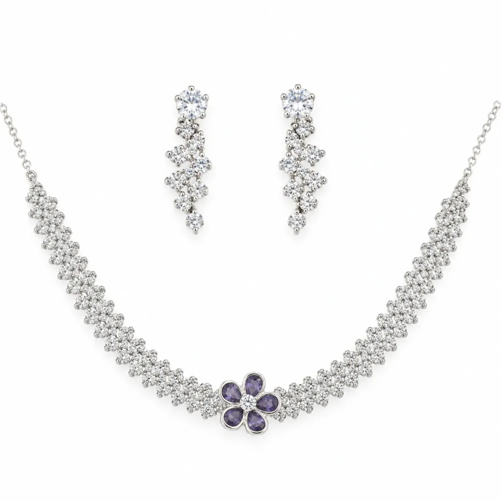 Silver Plated Crystal Floral Tennis Necklace And Drop Earrings(Purple Colour) photo 3
