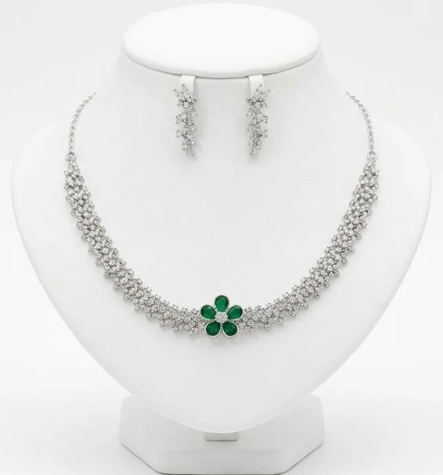Silver Plated Crystal Floral Tennis Necklace And Drop Earrings Jewellery Set (Dark Green) photo 1