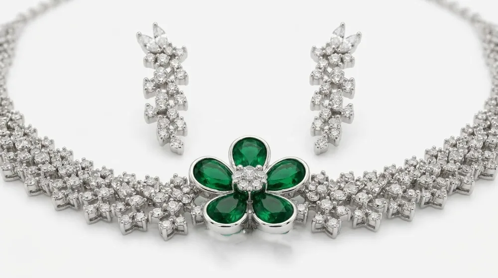 Silver Plated Crystal Floral Tennis Necklace And Drop Earrings Jewellery Set (Dark Green) photo 2