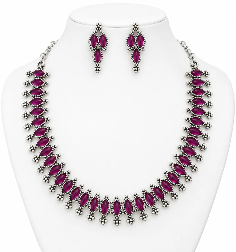 Silver Plated Marquise Red Stone Choker Nacklace and  Drop Earrings Jewellery Set photo 1