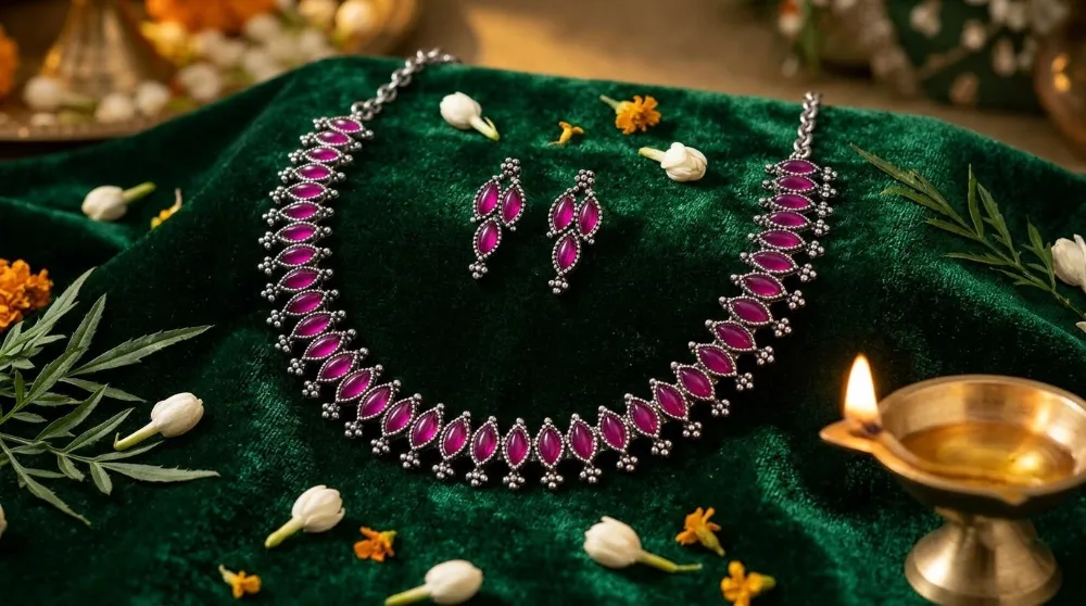 Silver Plated Marquise Red Stone Choker Nacklace and  Drop Earrings Jewellery Set photo 2