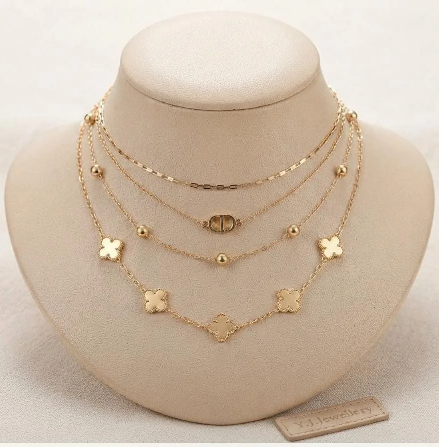 Multi-Layered Four-Leaf Clover and Gold Bead Charm Necklace Gold-plated Plated Alloy Layered photo 1